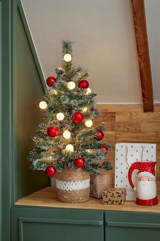 Black Box Trees Kaprun : sapin de Noël artificiel avec illuminations - Sapin de Noël artificiel H 90 x Ø 51 cm - en pot avec décorations - Vert, rouge, givré