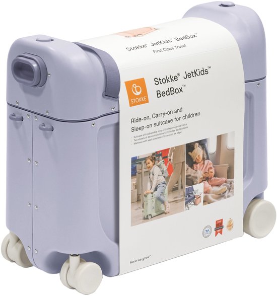 Stokke JetKids BedBox, Arctic Blue - Valise à roulettes pour enfants de 2 à 7 ans (jusqu'à 35 kg) - Peut se transformer en lit - Avec matelas, autocollants décoratifs et sangle de transport réglable