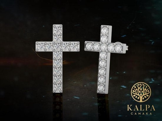 Yolora Boucles d'oreilles Femme Croix - Cristaux Kalpa Camaka - Argent - Plaqué Or Blanc 18K - Boucles d'oreilles Femme Argent - Bijoux - Coffret Luxe - Boîte Cadeau - Bel Emballage Cadeau - Cadeau Fête des Mères