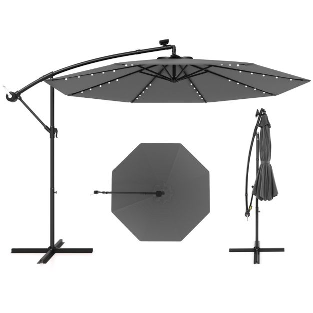 Coast Grand Parasol suspendu mobile - 300x300x250 cm - 40 LEDs et panneau solaire - Gris