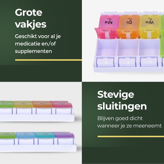 Boîte à pilules Gandria 7 jours - Boîte à pilules - Boîte à pilules avec 14 compartiments - Boîte à médicaments avec fermeture solide - Grands compartiments - Différentes couleurs