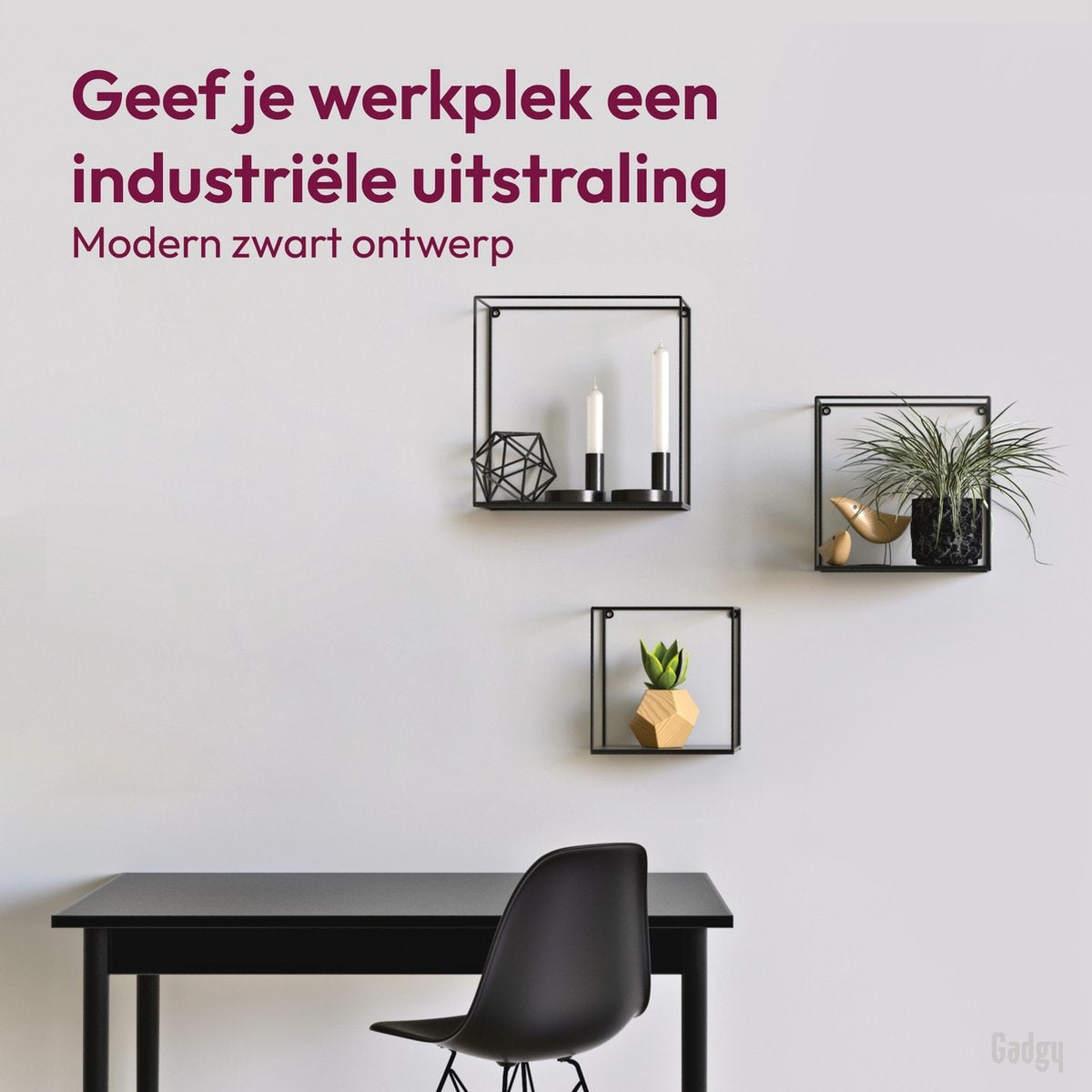 Gadgy Wandrekken Industrieel - Set van 3 - Vierkant Wandrek Zwart - Wanddecoratie Woonkamer - Muurdecoratie Metaal - Wandplank zwevend voor Slaapkamer - 32, 27 en 22 cm