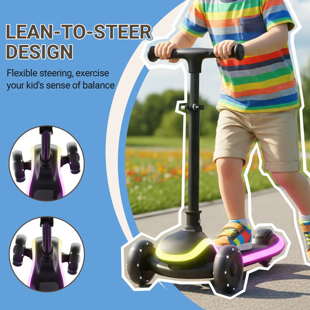 Trottinette pour enfants Neuleb YFQ à 3 roues avec roues à LED - Pliable - Noire