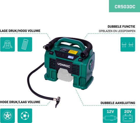 VONROC Compresseur Accu - VPower 20V - Sans batterie ni chargeur - Batterie 20V et connexion 12V - 11 bar - 8 accessoires inclus