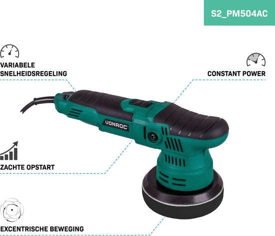 VONROC Polisseuse excentrique - machine à polir - 650W - Ø125mm - Démarrage progressif - Puissance fixe & 7 disques de polissage