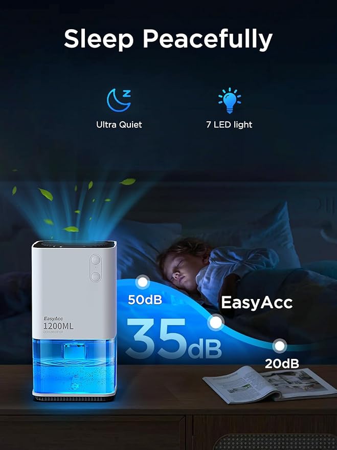 Déshumidificateur Easyacc - 1 200 ml - Électrique - Silencieux - LED - Blanc