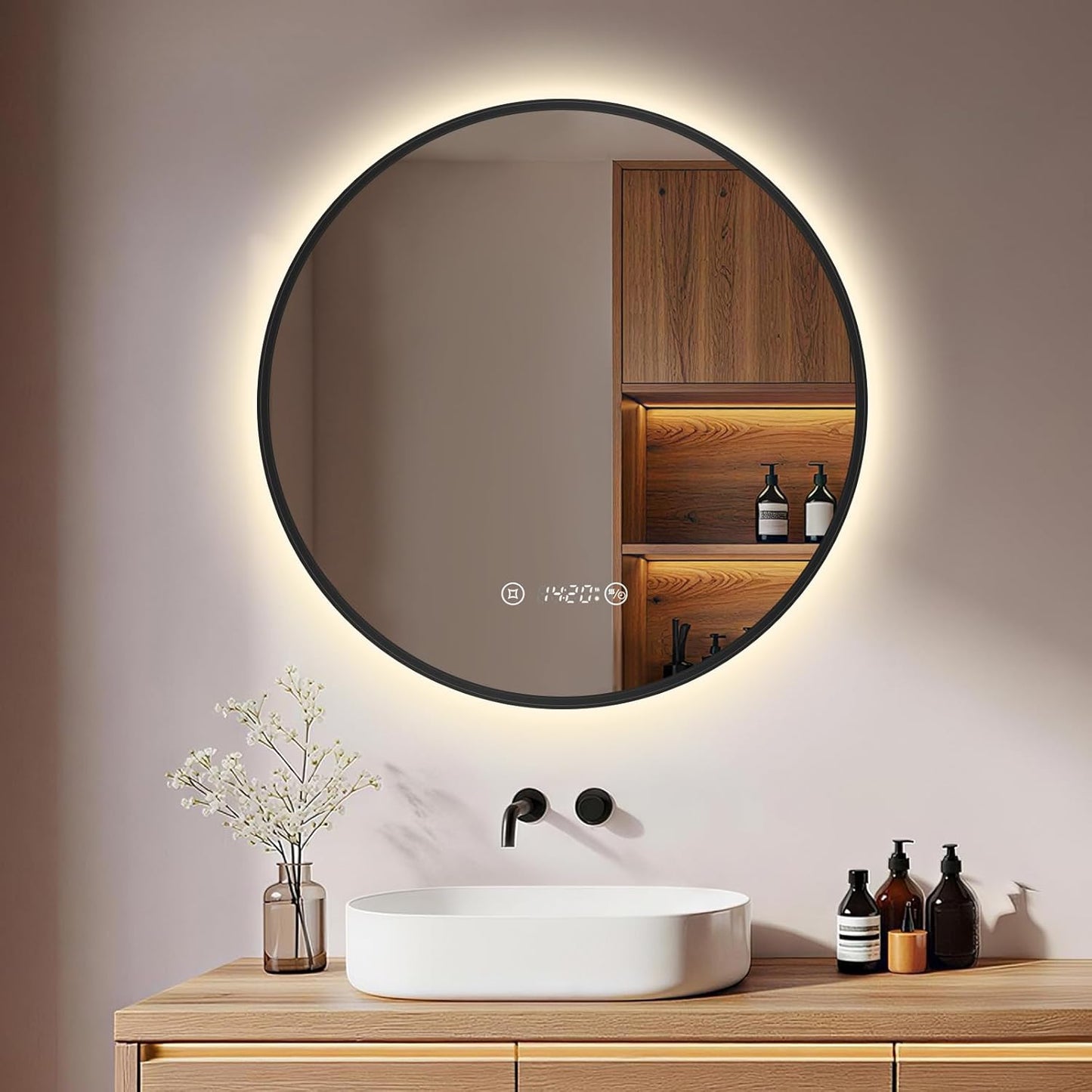 Miroir de salle de bain rond S'afielina avec éclairage LED, noir, Ø 60 x 3 cm - Intensité réglable - Anti-condensation - Horloge et affichage de la température