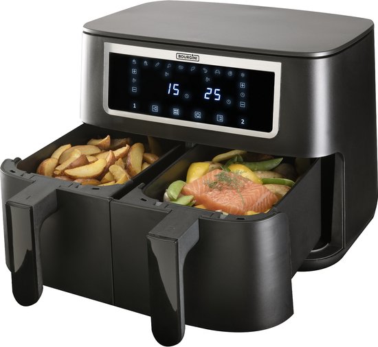 Friteuse à air chaud Bourgini Duo 2 x 4,0 L - Sans PFAS - Airfryer XXL - 2 tiroirs avec fonction de synchronisation - Écran tactile - 8 L - 2 600 W - Noir