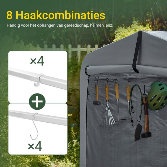 SoBuy KLS11-L-DG Garden House, Waterproof Outdoor Storage, Motorcycle Shelter with Hooks, Bicycle and Tool Garage, Bicycle Storage, Storage Space, Grey, 159x219x165 cm