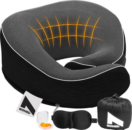 NOHRD Oreiller cervical pour avion - Oreiller de voyage - Noir - Mousse à mémoire de forme - Bouchons d'oreille, masque de sommeil et sac de transport inclus - Mousse à mémoire de forme - Soutien cervical