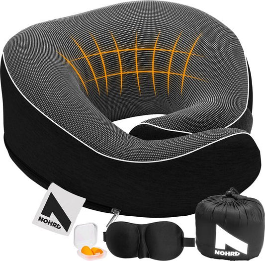 NOHRD Oreiller cervical pour avion - Oreiller de voyage - Noir - Mousse à mémoire de forme - Bouchons d'oreille, masque de sommeil et sac de transport inclus - Mousse à mémoire de forme - Soutien cervical
