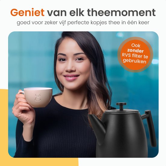 Goliving Théière avec filtre - 1 litre - Théière - Double paroi - Acier inoxydable - Infuseur de thé - Mat - Noir