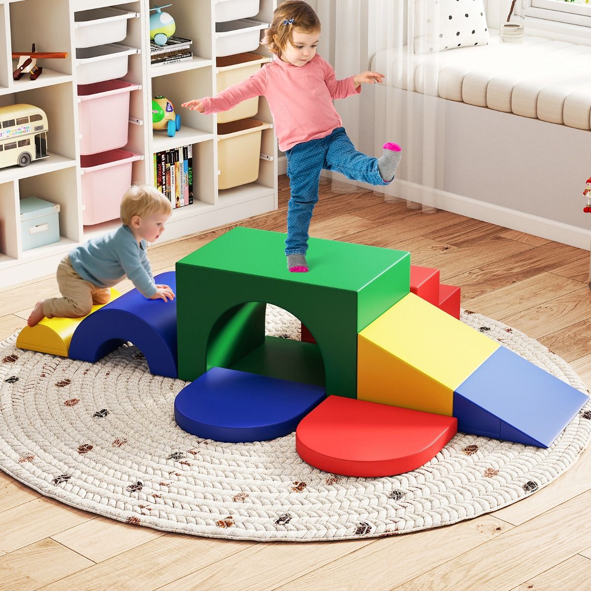 Coast 7-piece soft climbing block set for toddlers - colourful PU leather play gym with foam, 40×40×25 cm and 60×40×38 cm