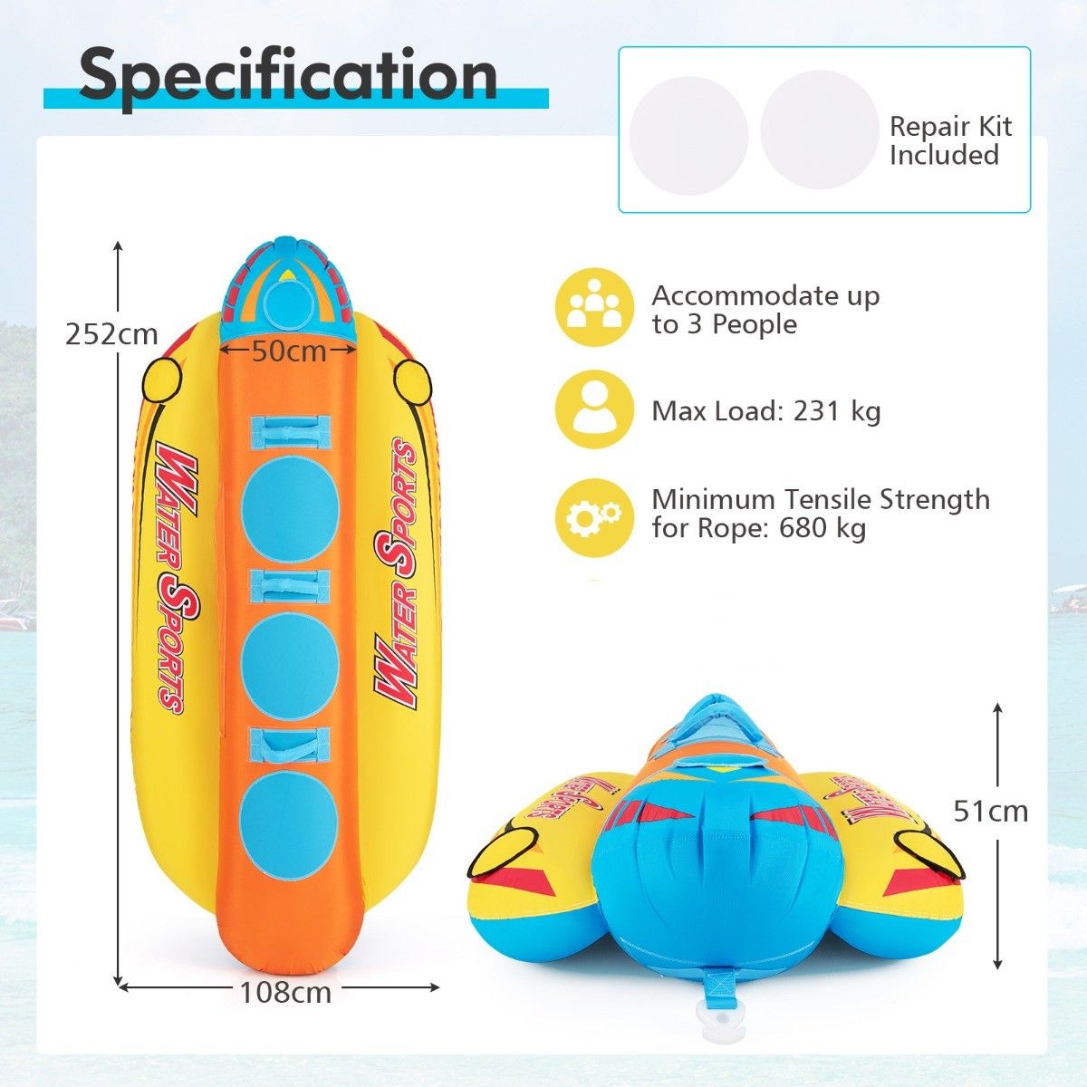 Bateau banane gonflable Coast pour 3 personnes - Orange/Jaune - 252 x 108 x 51 cm