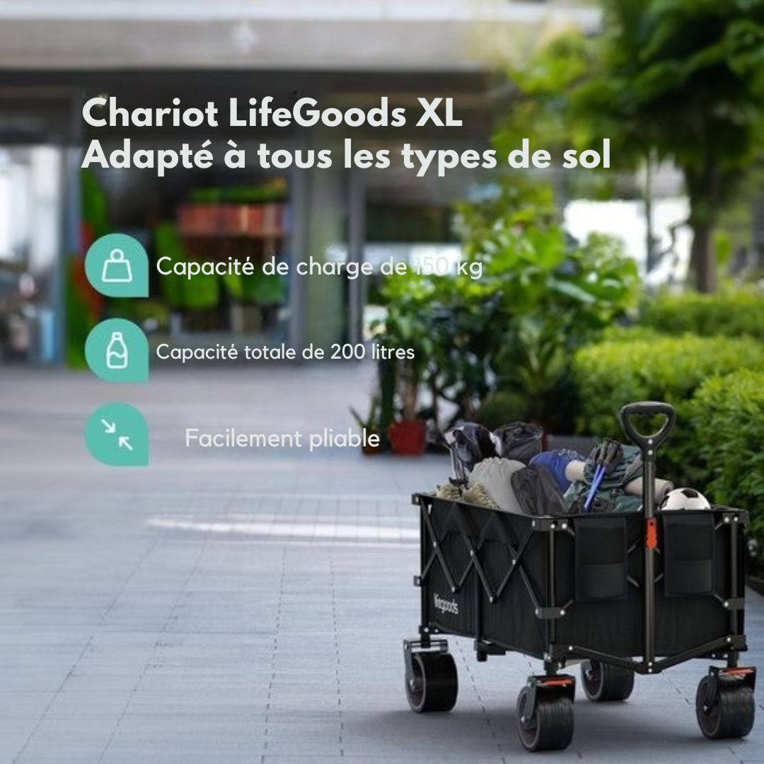 Chariot à roulettes - LifeGoods - XL - pliable - 200L - 150KG de capacité de charge - Noir