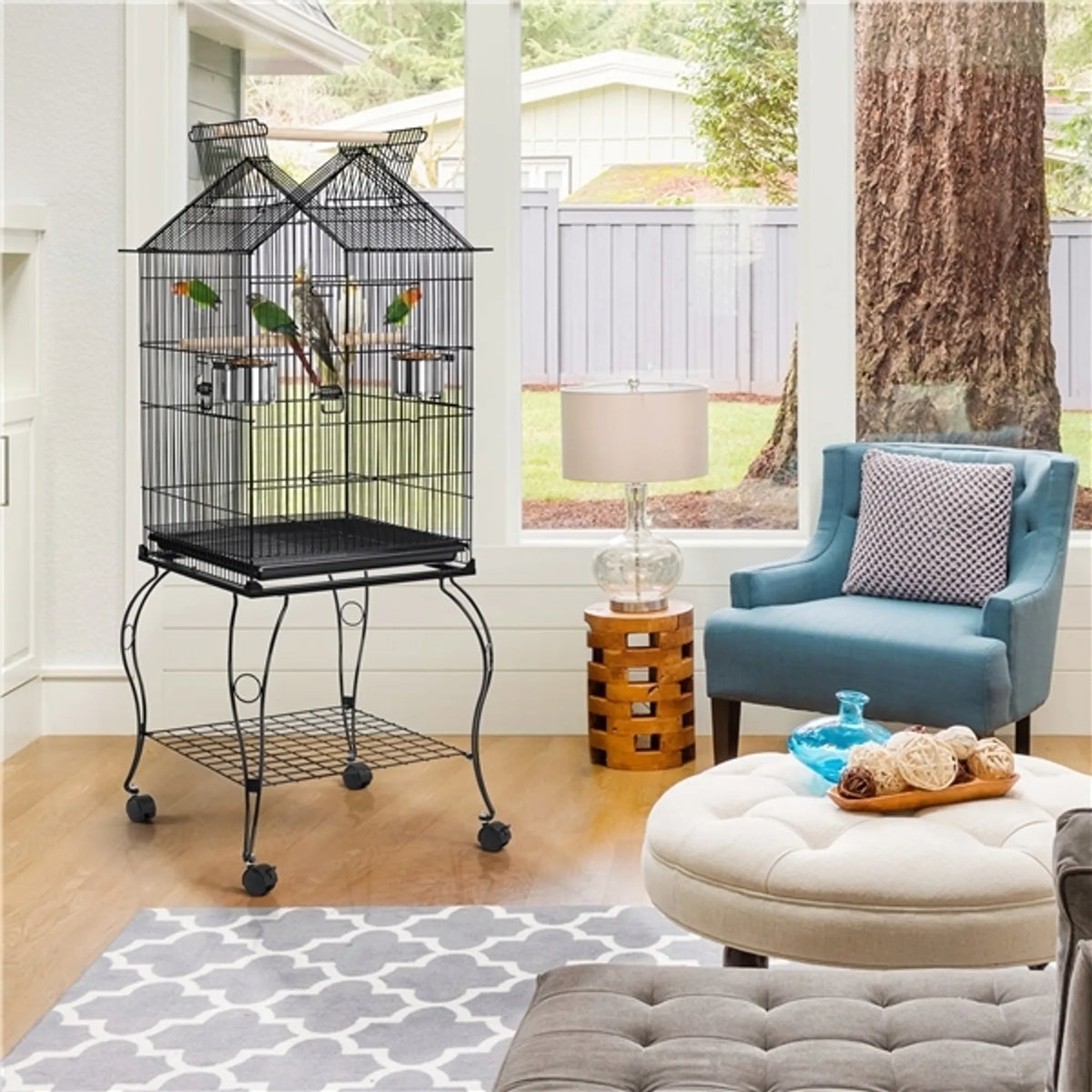Yaheetech Cage à oiseaux XXL avec base mobile - 59,5 x 59,5 x 145 cm - avec ouverture dans le toit, plaque de fond amovible et étagère de rangement - pour perruches et canaris - métal noir et bois