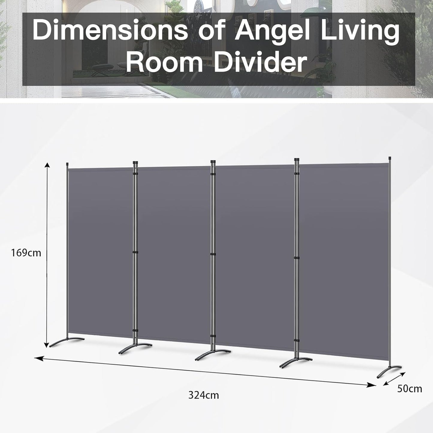 Angel Living Paravent 4 pièces - Cloison pliante 324 x 170 cm - Protection contre l'invisibilité pour l'intérieur et l'extérieur (jardin, salon, chambre à coucher, bureau) - Gris