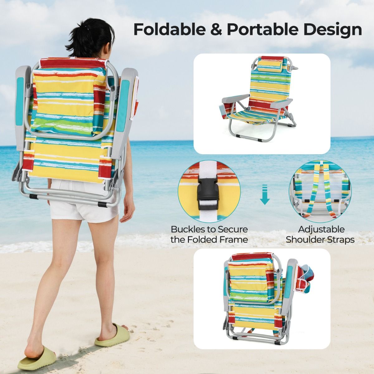 Chaise de plage avec dossier réglable à 5 positions, pliable, avec porte-gobelet et compartiments de rangement, multicolore
