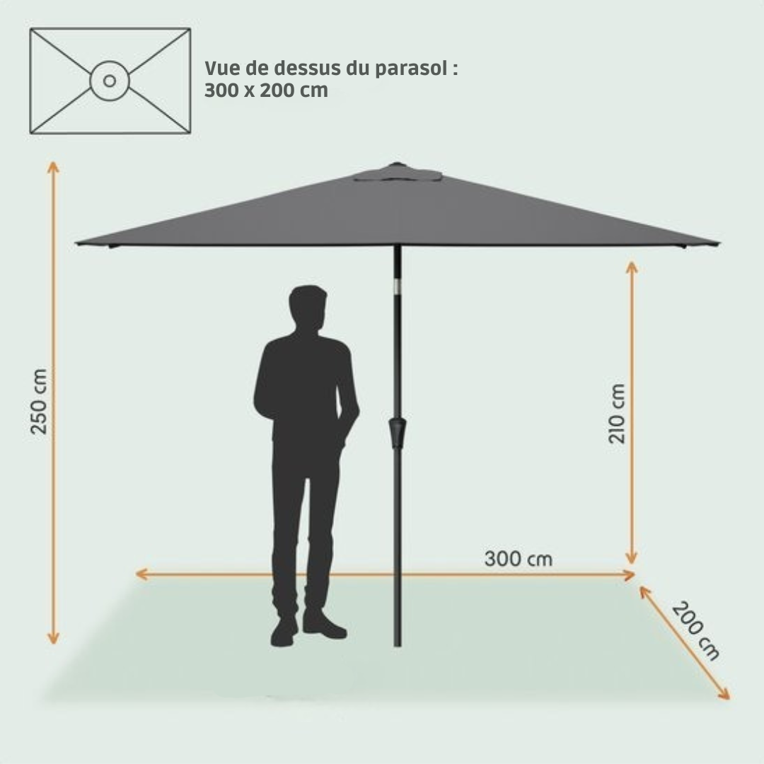LifeGoods Parasol - Jardin - 200x300cm - 30° inclinable - Imperméable - UPF50+ - Gris foncé
