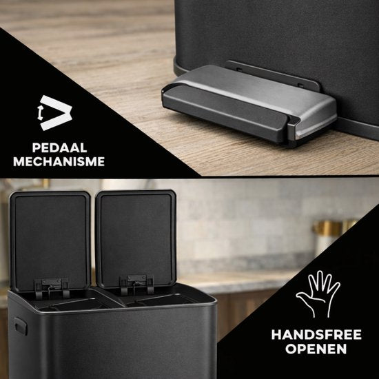 Bayt Poubelle - Poubelle 60 litres (2x30) - Poubelle 60 litres - Poubelle à pédale 60 litres - Poubelle Séparation des déchets - Poubelle 2 compartiments - Poubelle - inox - Noir/Argent