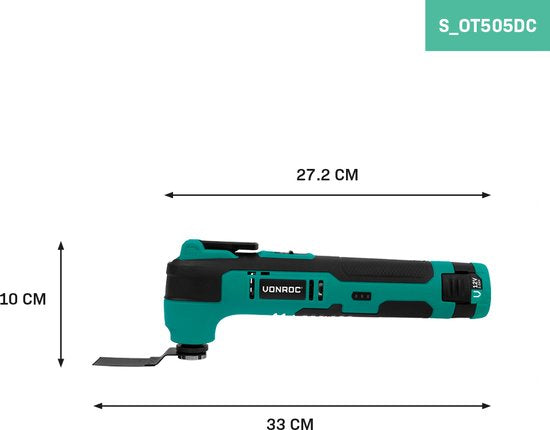 VONROC Battery Multitool 12V - avec lame de grattoir, lame de scie plongeante, tampon de ponçage et papier de verre - Batterie et câble usb-c inclus