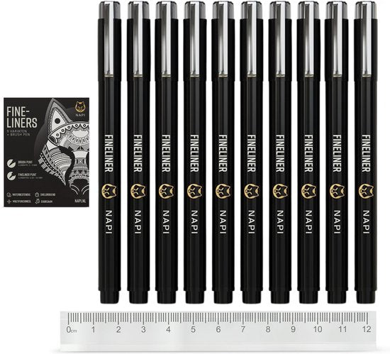 NAPI 10 Fineliners Noirs avec Stylo Pinceau et Règle - 0.2 à 3mm - Stylos Noirs - Accessoires Bullet Journal - Set de stylos à dessin