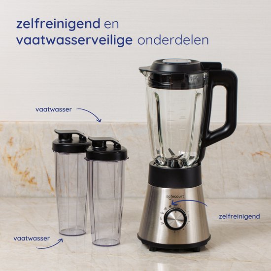 Safecourt Kitchen Power blender - 5 programmes automatiques - Smoothie maker - +2 gobelets à emporter - inox