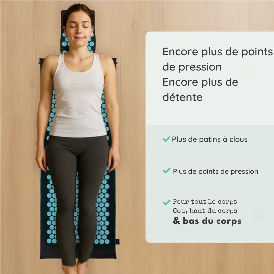 Tapis d'acupression XL LifeGoods - avec coussin - Tapis Shakti - Tapis pour les ongles avec 2 balles pour les points de déclenchement - 128x48x2cm - Noir/Turquoise