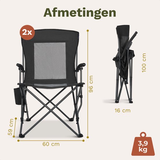 TRVLMORE Chaises de camping - pliables - 2-Pack - Capacité de charge 120KG - Sac de transport inclus - Chaise pliante - Chaise de pêche - Chaise de camping - Chaise pliante - Noir