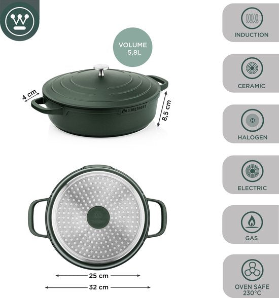 Westinghouse Performance Series - Casserole à induction avec couvercle - Sauteuse de 32 cm - Vert - Convient à toutes les sources de chaleur, y compris l'induction et le four
