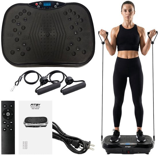 Plaque vibrante Fitby - Plaque vibrante de fitness - Powerplate - Avec bandes de résistance et poignées incluses - Avec télécommande - 3 modes d'entraînement - 120 niveaux de vitesse - Noir