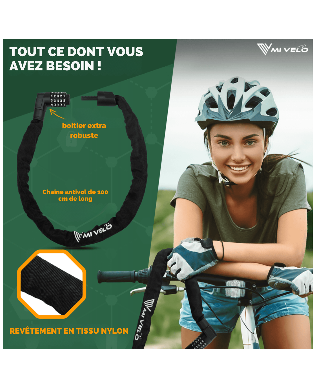 Cadenas à chaîne MIVELO - Avec noyau robuste en acier au carbone et code numérique - 85/100 cm - Noir