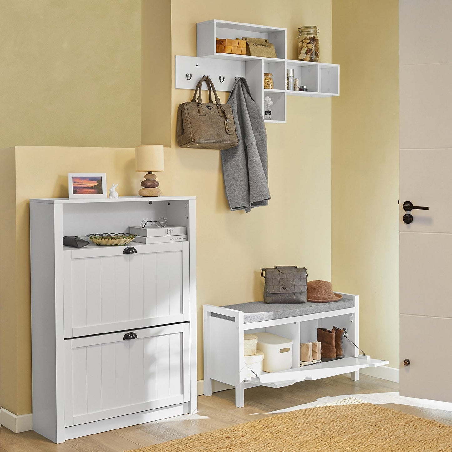 SoBuy Banc à chaussures avec 2 tiroirs - Max. 150 kg - 91 x 30 x 50 cm - Blanc/ Gris