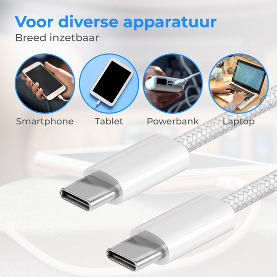 Câble Nuvance USB-C vers USB-C - Chargeur USB-C - 2 mètres - Chargeur rapide USB-C - Nylon tressé - 60 W - 480 Mbps - Blanc