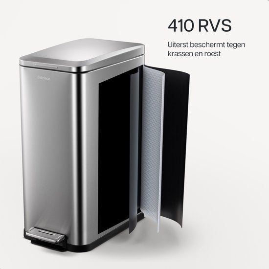 Deleca Trashcan Prestige - 50 Liter - Narrow - Stainless steel Dustbin / Waste Bin / Pedal Bin - With Foot Pedal and Slow Close - Matt Silver