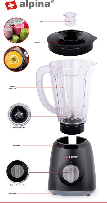 alpina Blender - 1,5 Litre - 400 Watt - Fonction Turbo - Bol en plastique - Noir