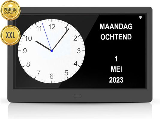 TTD® Dementia Clock XXL 10 pouces avec câble extra long - Horloge calendrier avec jour, date et météo - Affichages analogique et numérique - 20 alarmes et 3 alarmes médicales - Wi-Fi - Pour les personnes âgées, les malvoyants, les seniors et les personnes