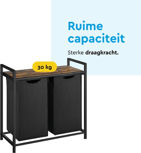BRASQ Panier à linge 2 compartiments - Trieur à linge 76 litres - Extensible avec étagère 73x33x71 cm - Boite à linge Métal noir - Bois marron - Panier
