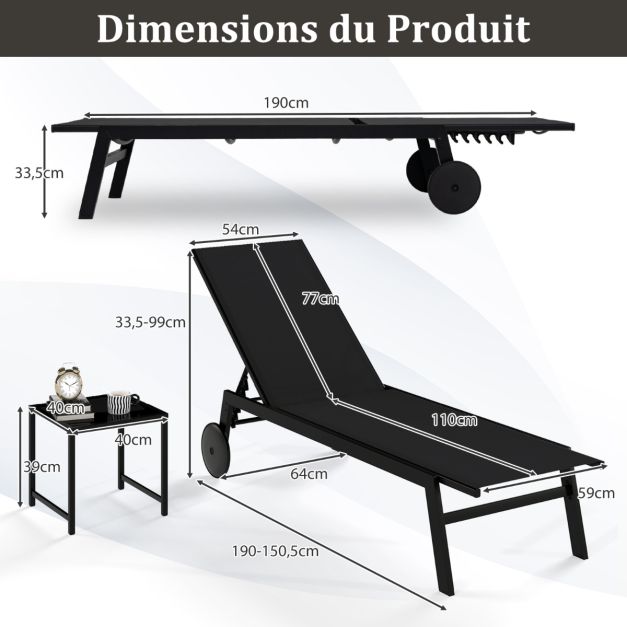 Lit de bronzage Coast - 190 x 59 x 99 cm - Réglable - Mobile - Métal - Noir