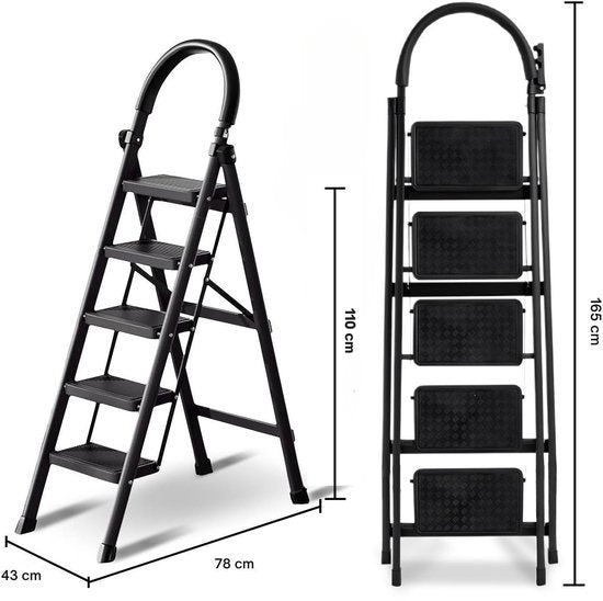 ToolX Escalier de maison - Escalier de cuisine - Acier - 5 marches - Pliable - Antidérapant - Pliable - Noir