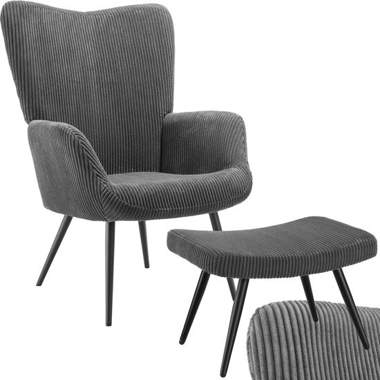 tectake® Ear Armchair with Hocker - Fauteuil scandinave Teddy Bouclé - Chaise de salon et de séjour - Pieds en métal noir - Capacité 150kg - Velours côtelé - Gris