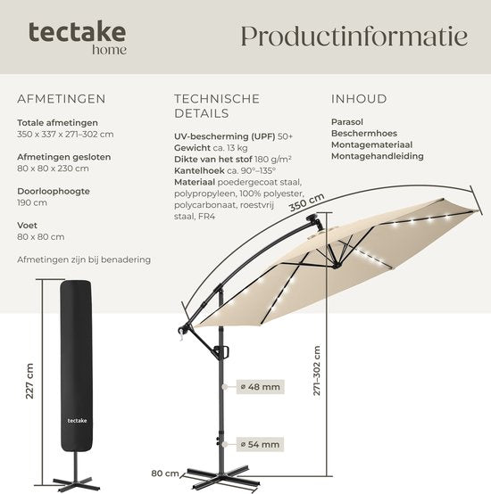 tectake® Parasol suspendu avec pied - 3,5 x 3,5 m - Parasol de jardin avec éclairage LED à énergie solaire - Orientable - Polyester hydrofuge avec protection UV - Housse incluse - Beige