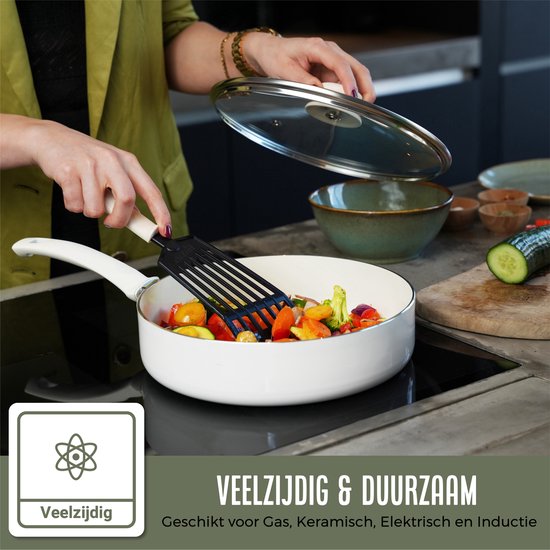 COOCK Batterie de cuisine à induction 19 pièces - Revêtement spécial antiadhésif - Poignées ergonomiques à froid - Aluminium recyclé - Ensemble de poêles à frire - Ensemble de casseroles - Blanc - Sous-verres et livre électronique inclus