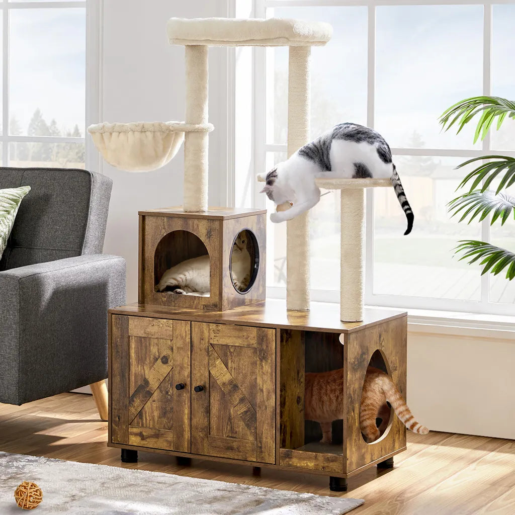 Yaheetech : Arbre à chat avec meuble pour litière 80 x 45 x 134,5 cm - Marron/Beige vintage - Meuble pour chat 2-en-1 avec arbre à chat et meuble pour litière