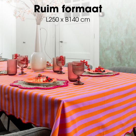 Mica Decorations : nappe rayée pour table à manger - Nappe d'intérieur et d'extérieur 250 x 140 cm - Toile cirée 100 % coton - Orange, rose