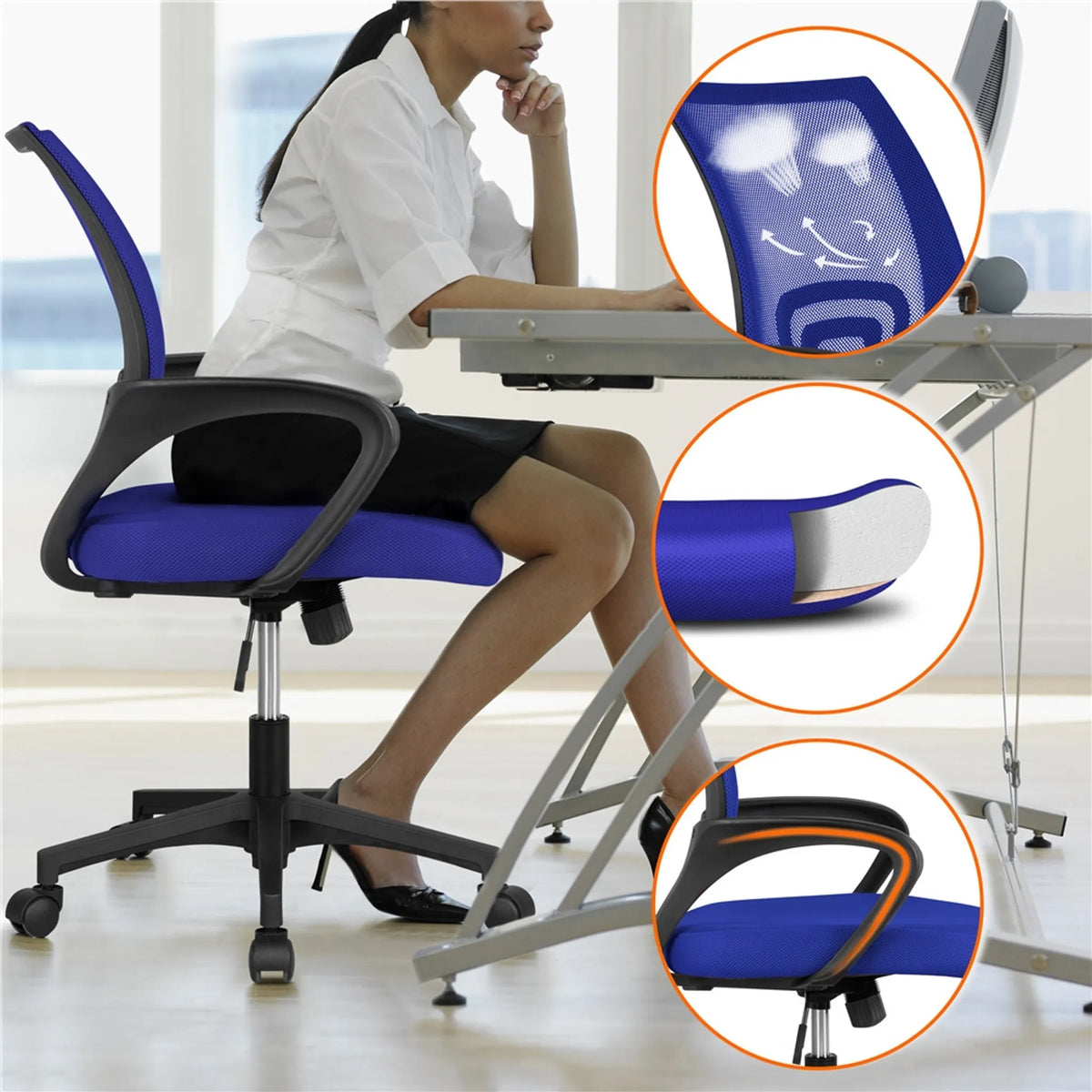 Chaise de bureau ergonomique Yaheetech - équipée d'un tissu en maille respirant, d'une fonction de basculement et d'un siège large - pour le bureau et l'étude - Nylon bleu et acier - 60,5 x 60 x 87-97 cm