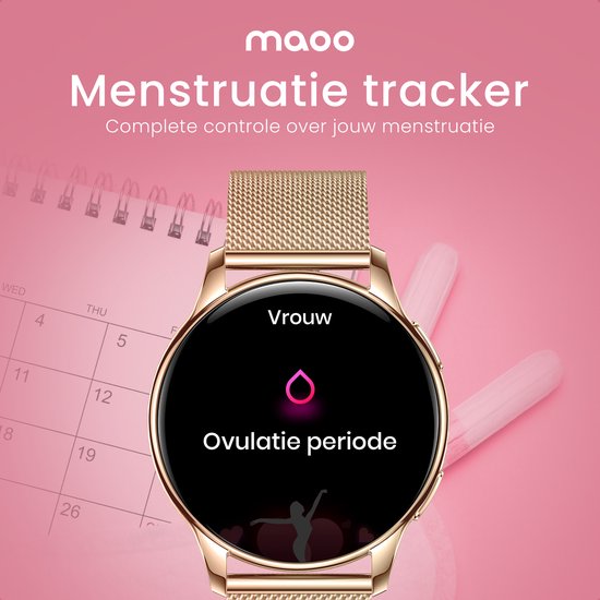 Maoo Ventura AMOLED Smartwatch Ladies - Acier inoxydable et bracelet en silicone 3x - Podomètre - Moniteur de fréquence cardiaque - Moniteur de sommeil - Multisport - Convient à Android et iOS - Rose Gold et Pink