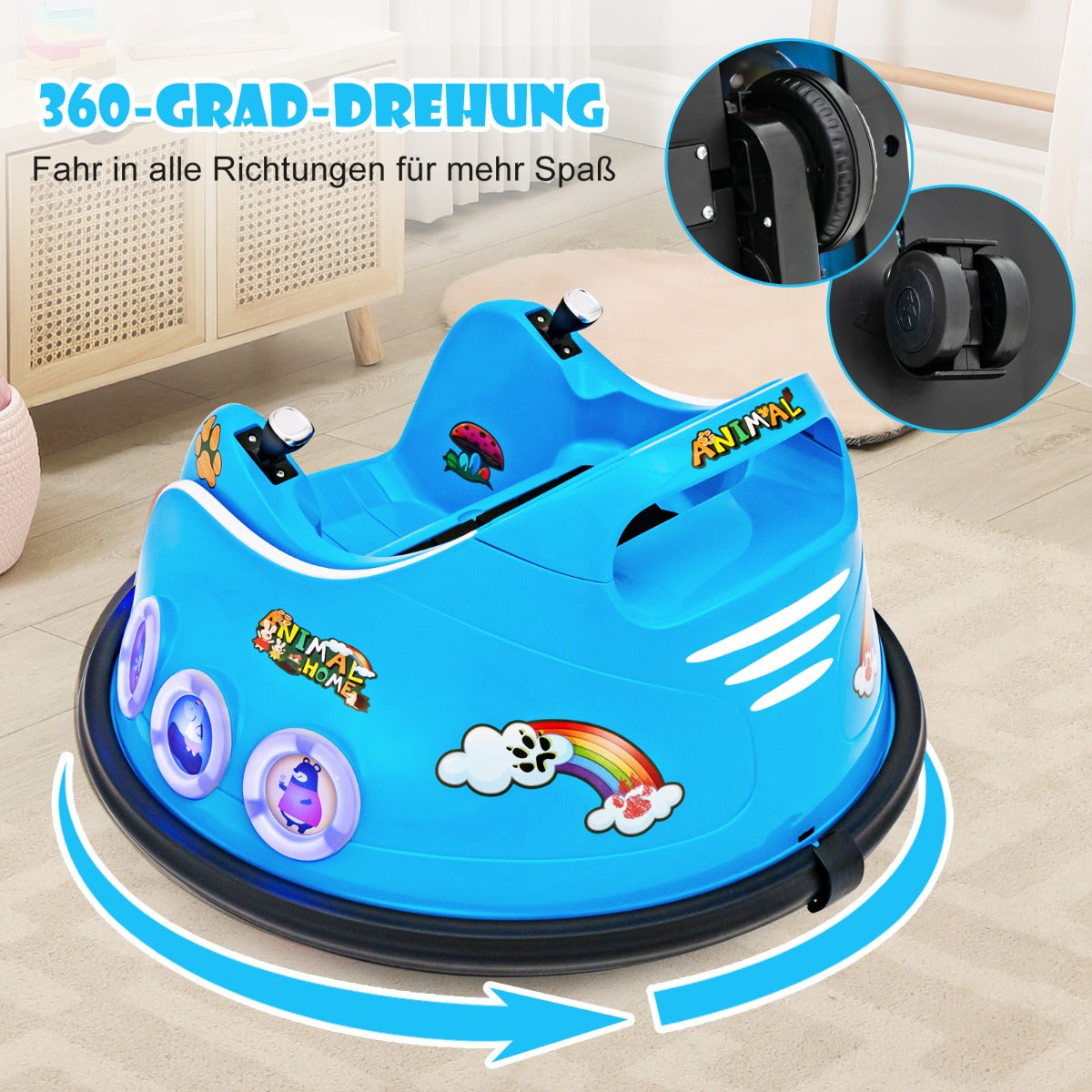Coast Bumper Car - Rotation à 360 degrés - 12V - Musique et lumière incluses - 73x73x43cm - Bleu
