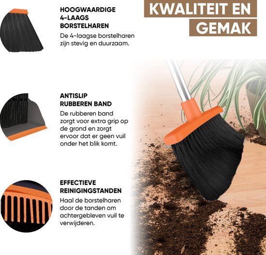 TTD® Pelle et brosse avec long manche XXL - réglable 54-263 cm - balai - manche de balai - gris et orange - pelle et brosse - poubelle pour l'intérieur et l'extérieur - dents de nettoyage intégrées