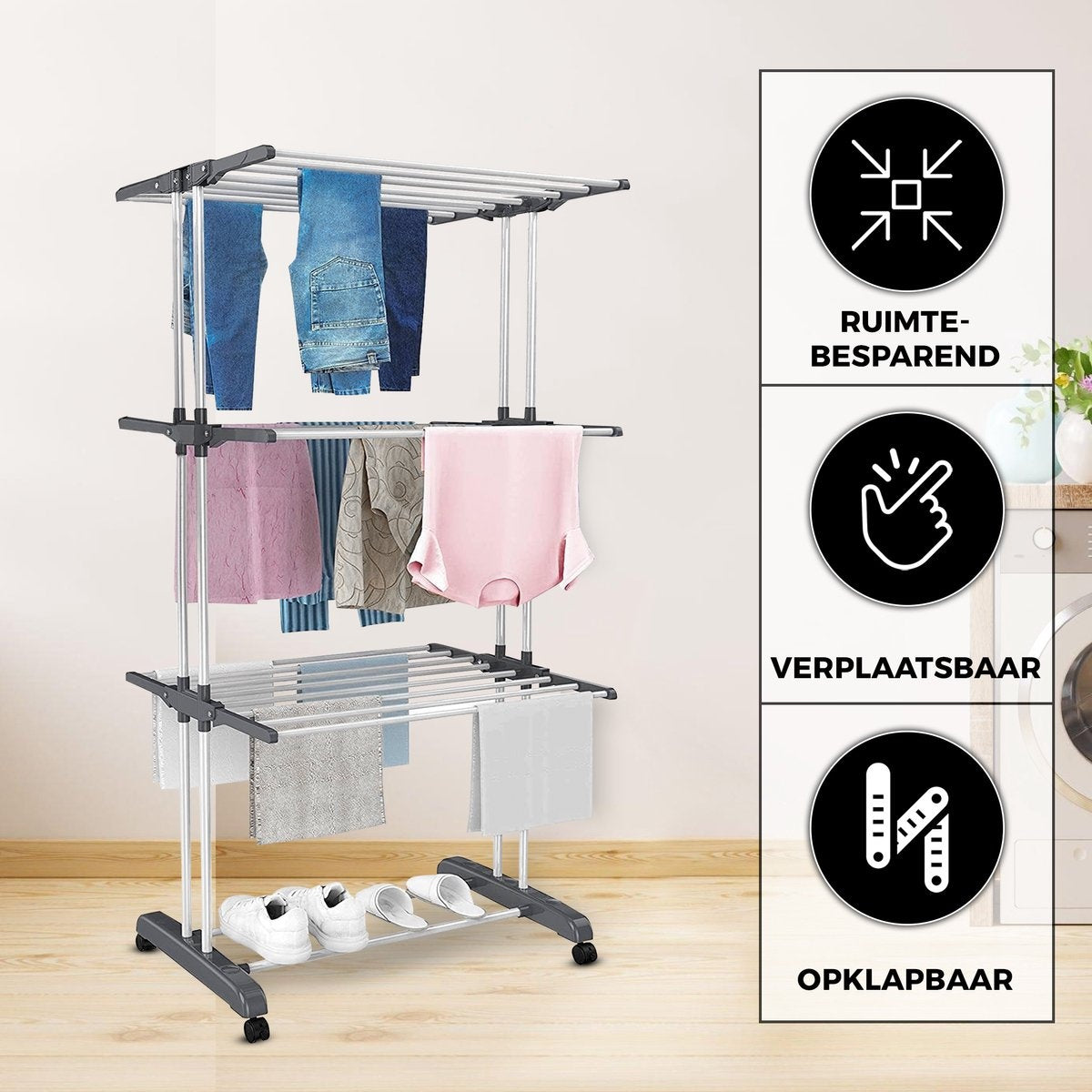Vonia Droogtoren - Droogrek - Wasrek - Wastoren - 3 Lagen - Inklapbaar - 72x50x172 cm - Grijs